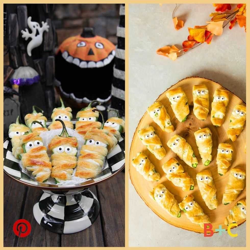 Halloween-themed jalape\u00f1o poppers wrapped as mummies with candy eyes, arranged on platters.