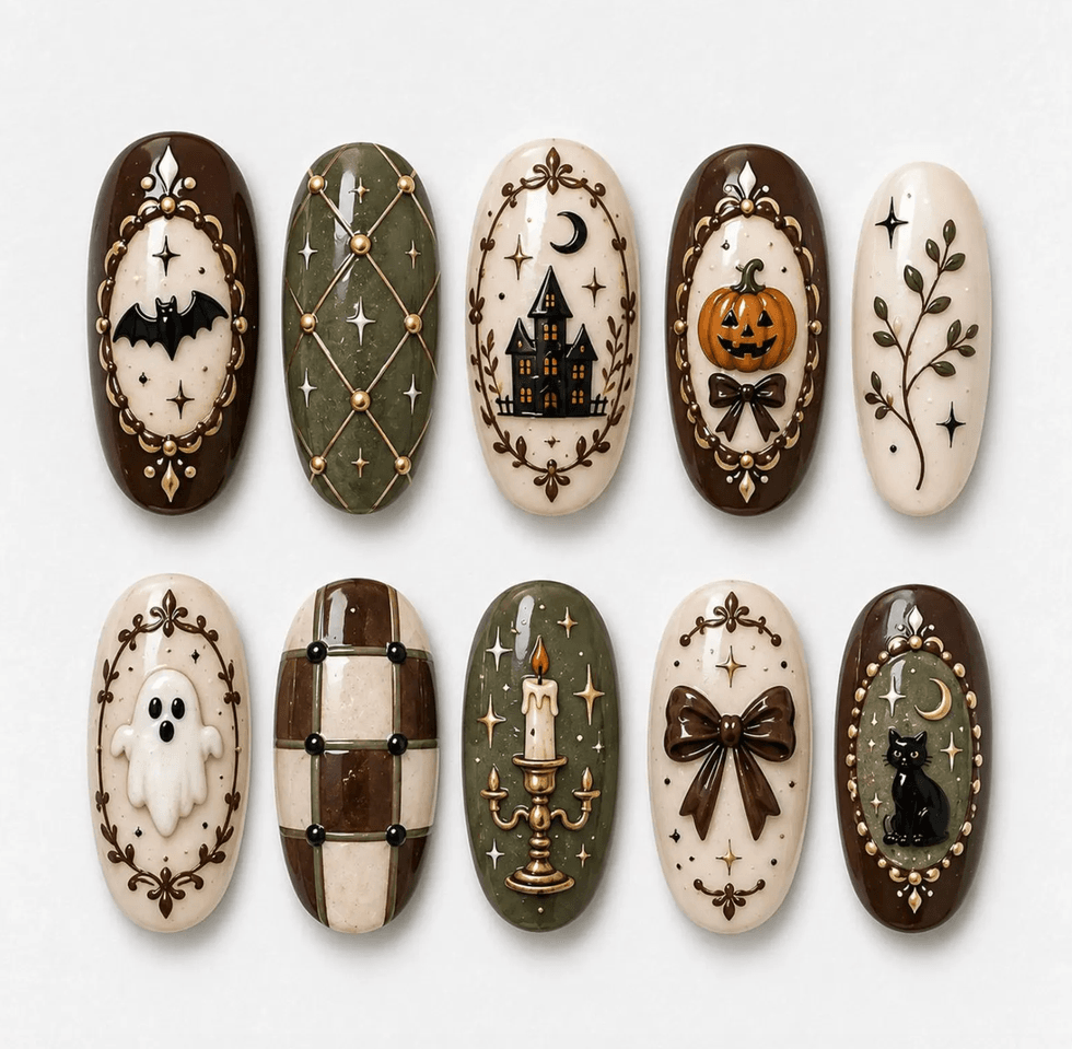 Halloween-themed nail art with bats, haunted house, pumpkin, ghost, and more on fake nails.