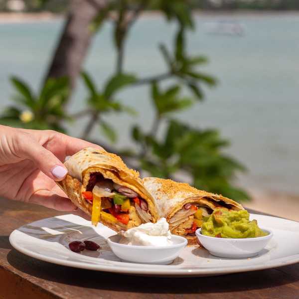 Hand holding a wrap with dips on a plate, beach and greenery in the background.