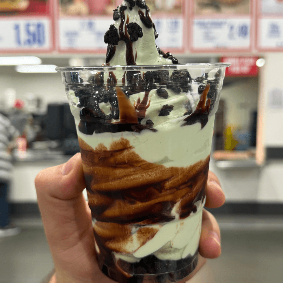 Hand holding Costco's new Double Chocolate Mint Sundae at the food court