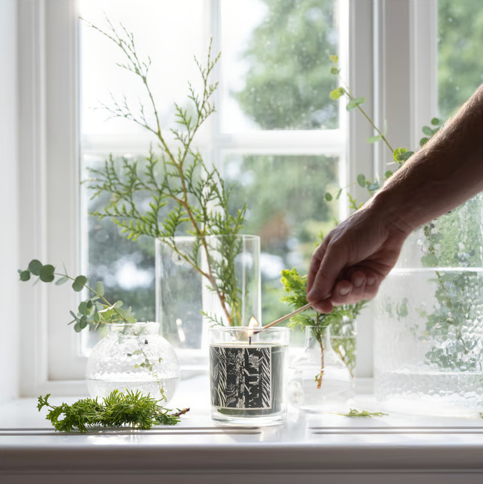 Hand lighting a candle on a windowsill with greenery in vases.