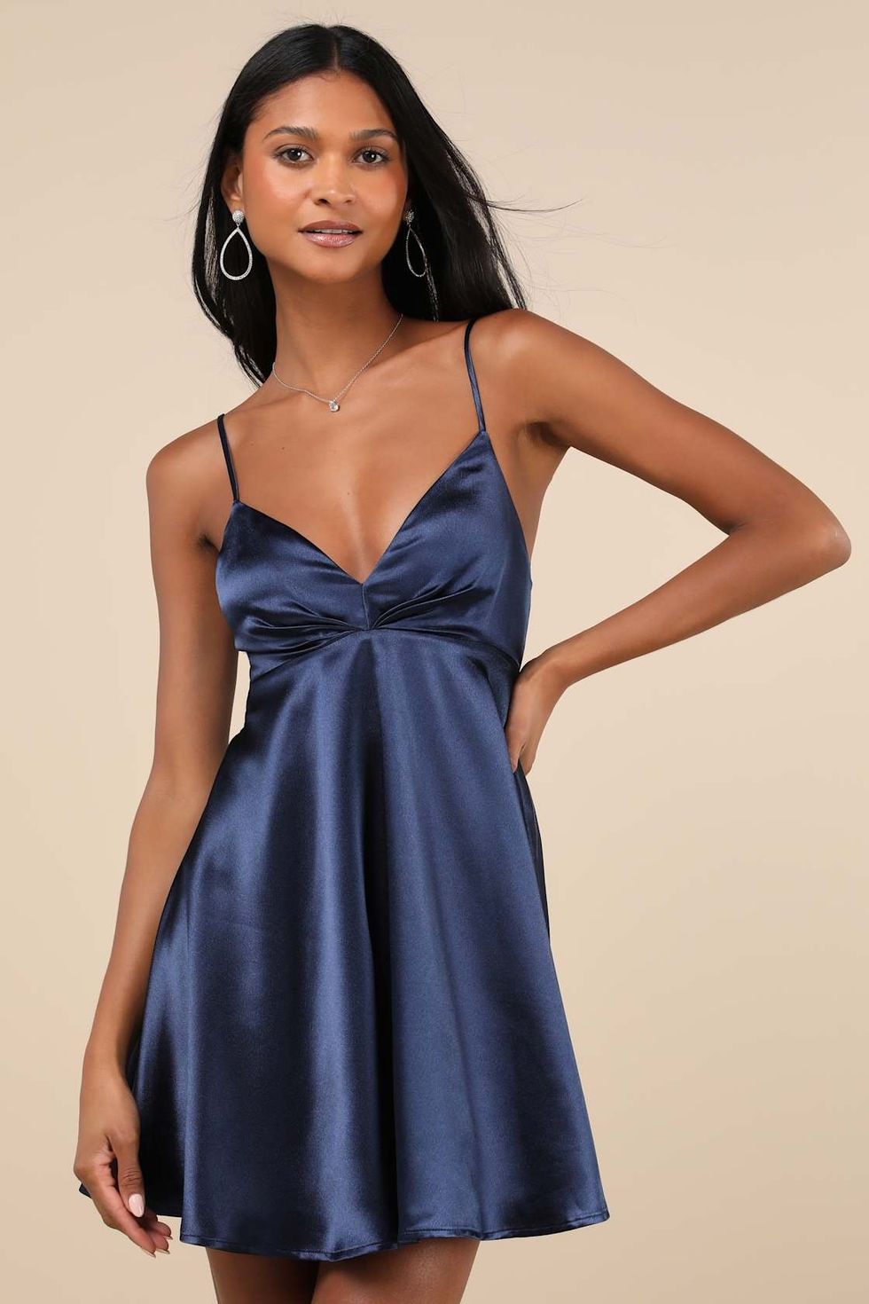 Happily Yours Navy Blue Satin Skater Mini Dress