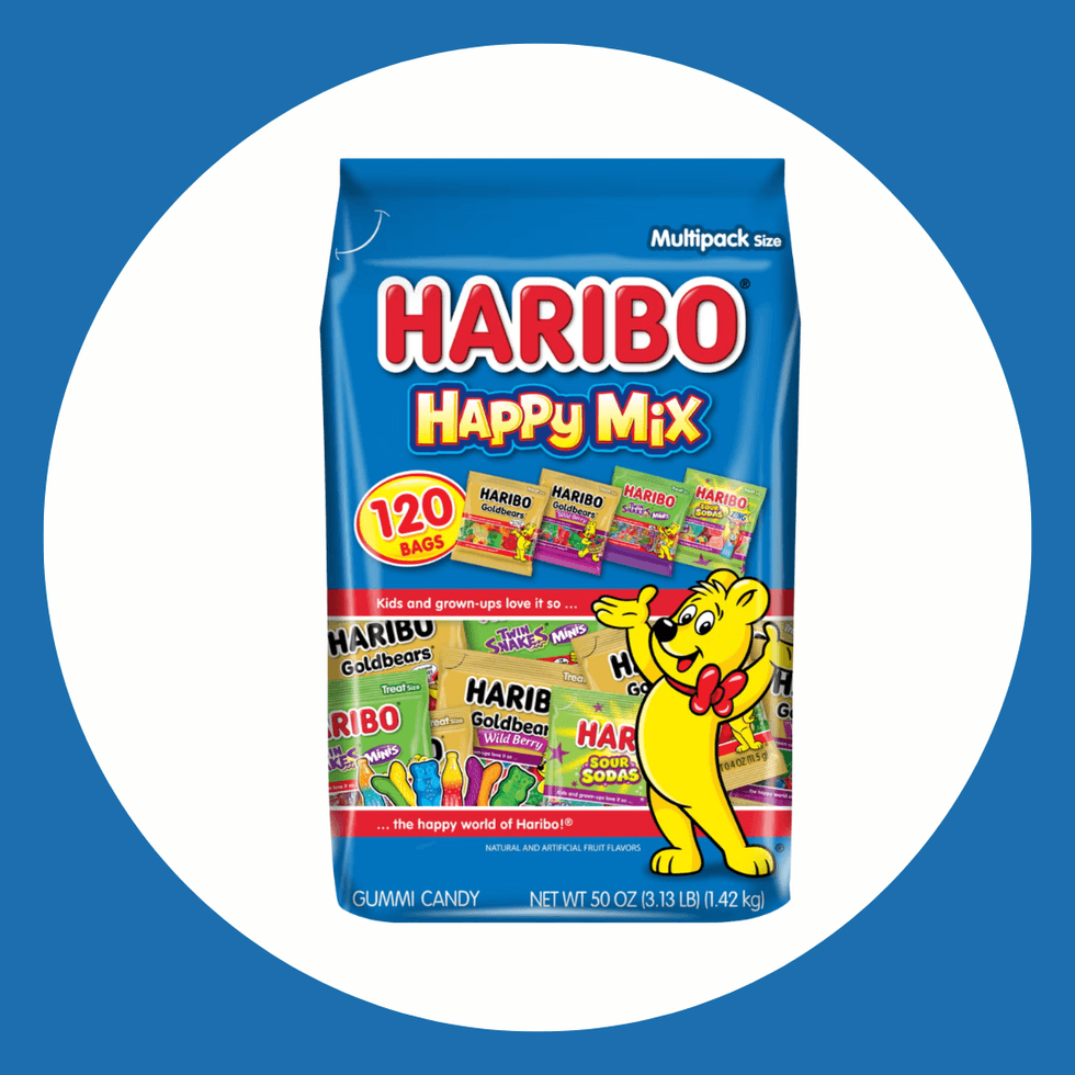 Haribo Happy Mix bag featuring 120 mini bags of assorted gummy candies.