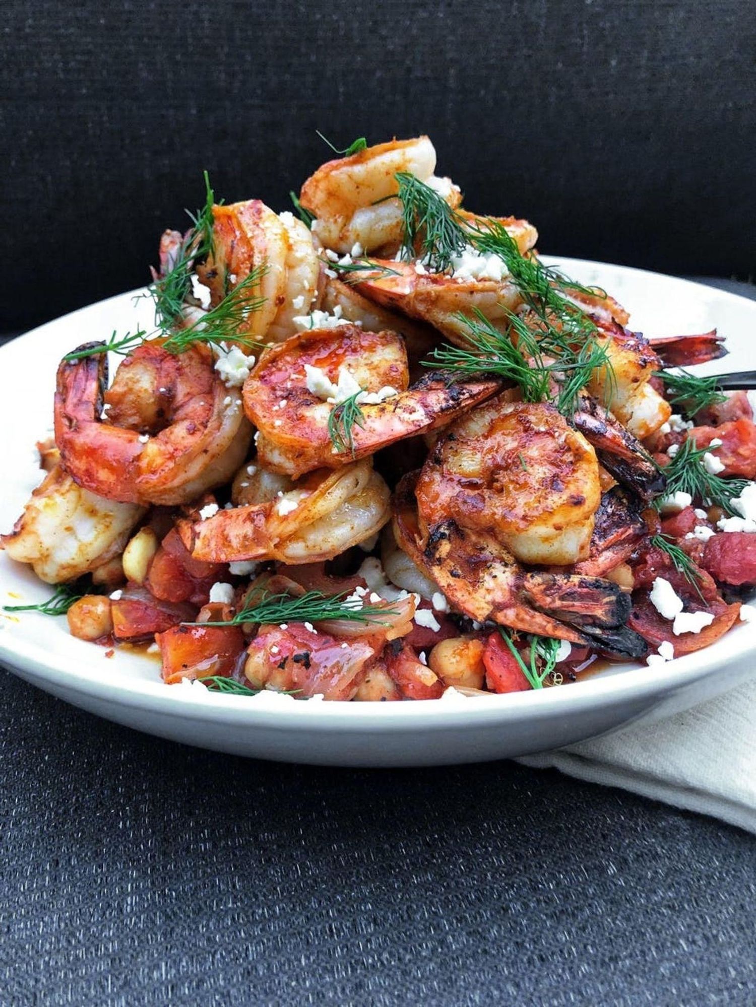 Harissa Grilled Shrimp with Chickpea-Dill Sauce