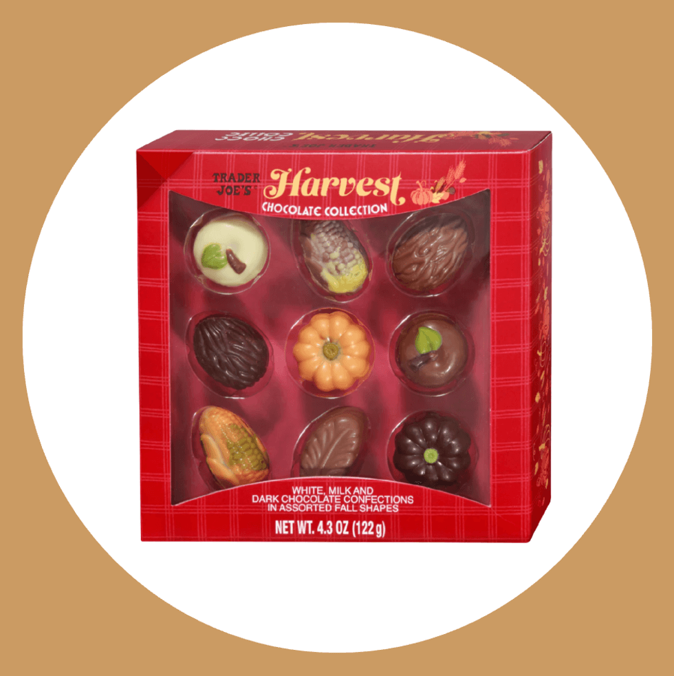 Harvest-themed chocolates in autumn shapes inside a red box.
