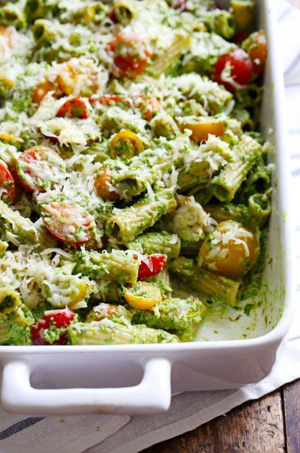 Healthy Baked Pesto Rigatoni