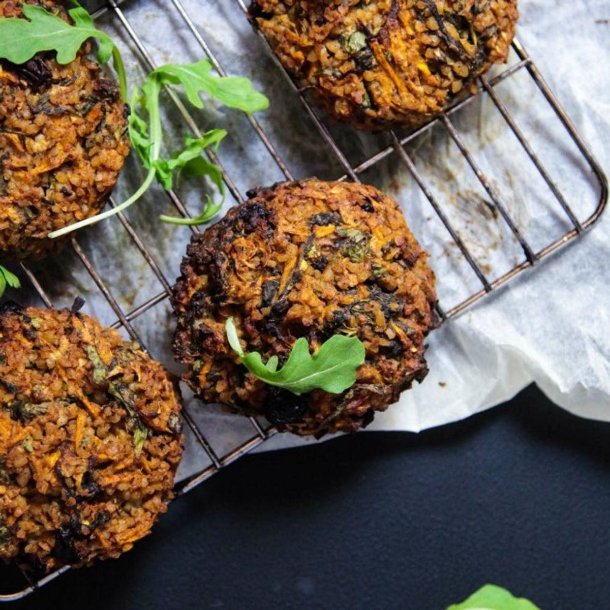 Healthy Bulgur Recipes feature this zucchini patty on a cooling rack