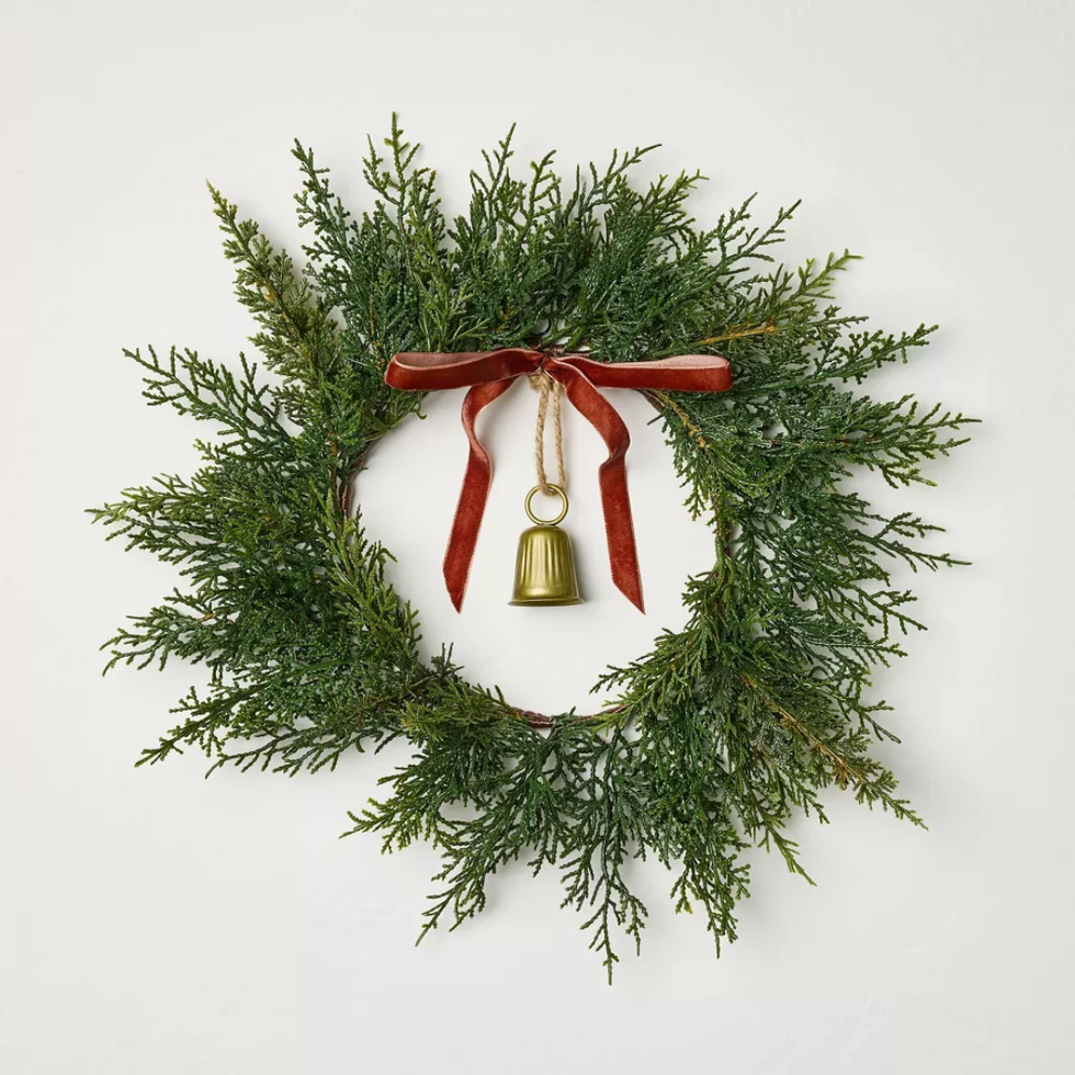Hearth & Hand With Magnolia Mini Cypress Brass Bell & Red Ribbon Wreath