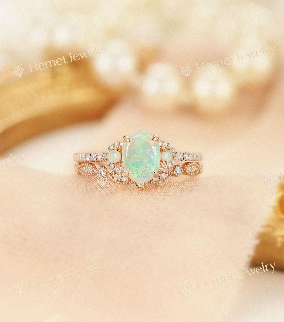 HemetJewelry Natural White Opal Engagement Ring Set