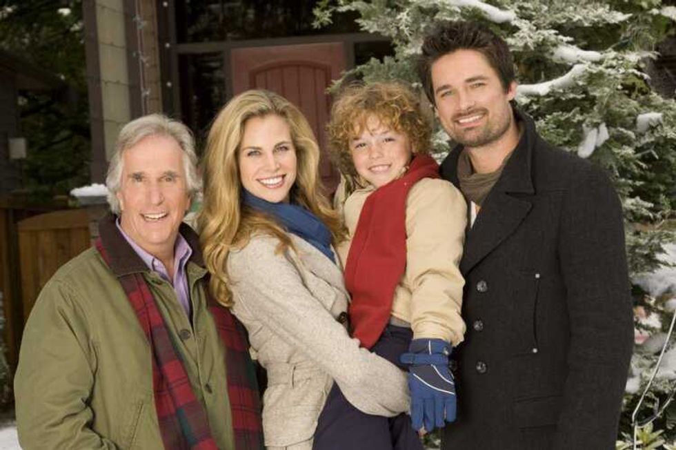Henry Winkler, Brooke Burns, Connor Christopher Levins, and Warren Christie in The Most Wonderful Time Of The Year on Hallmark