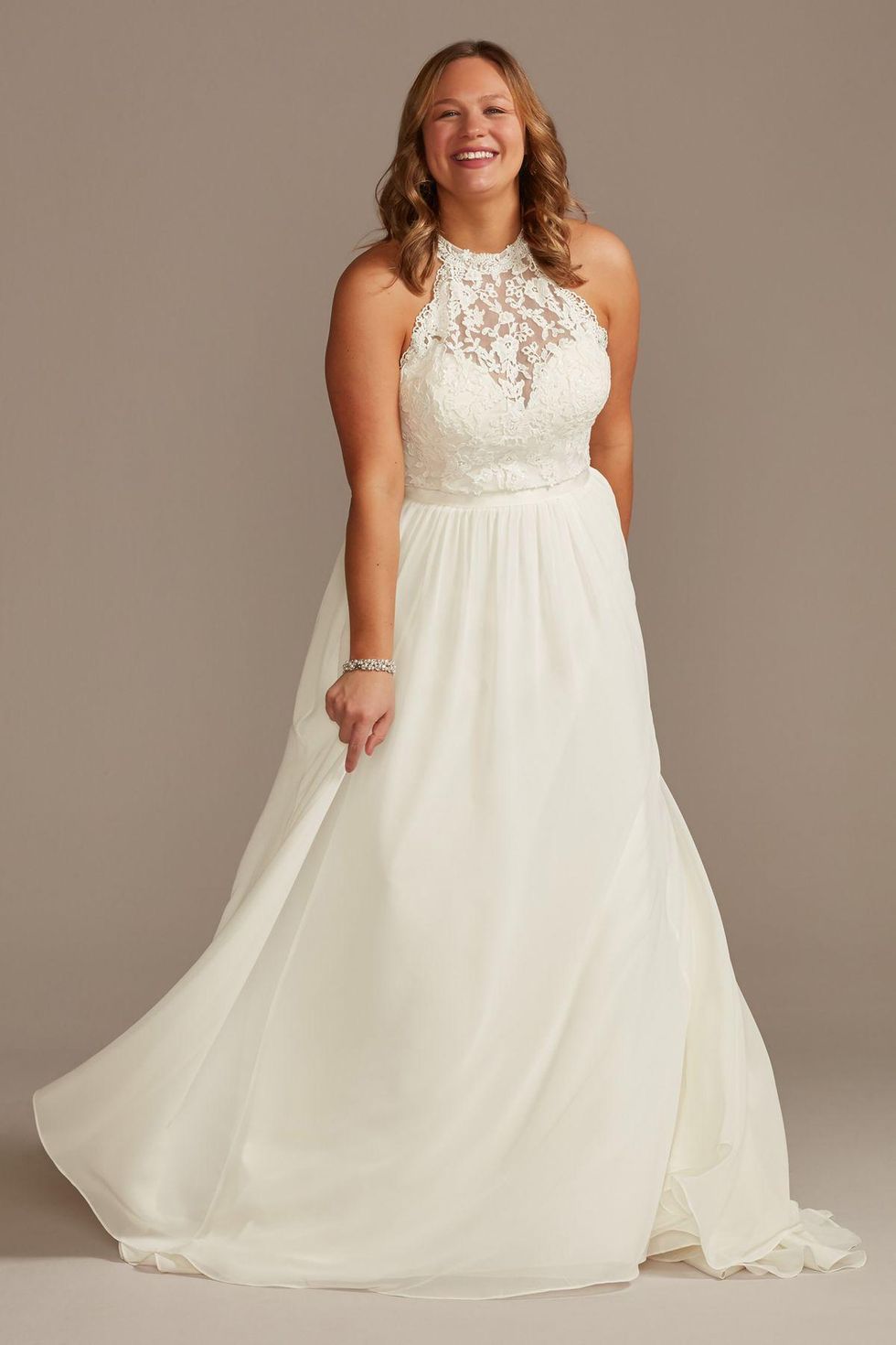 high neck illusion chiffon wedding dress
