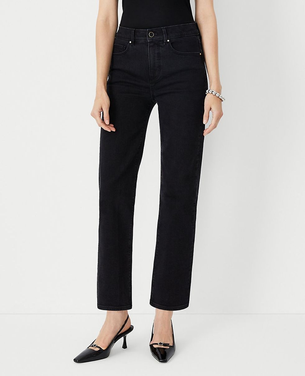 High Rise Straight Jeans in Washed Black Wash