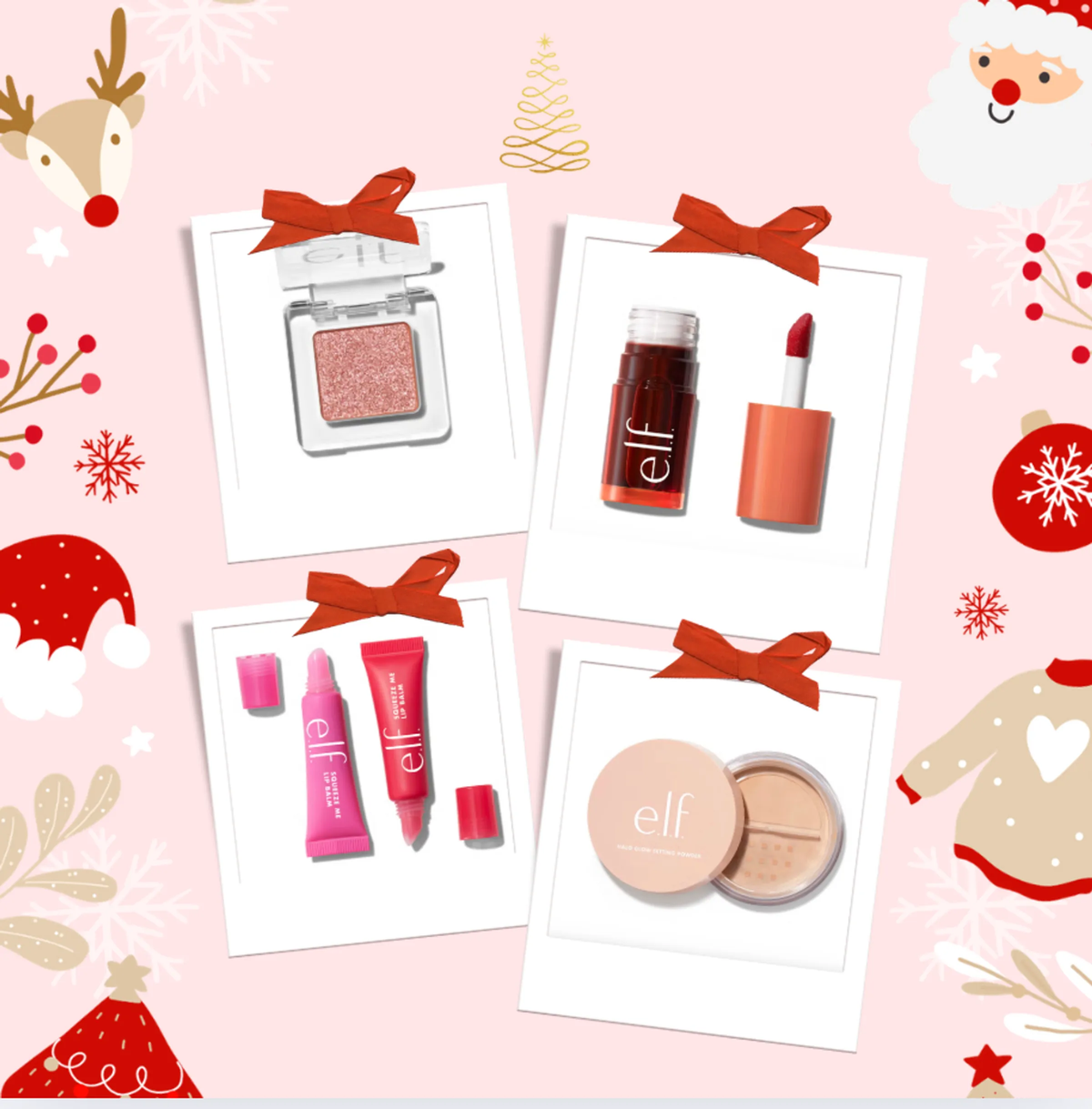 Holiday-themed collage of e.l.f. makeup products with festive decorations.
