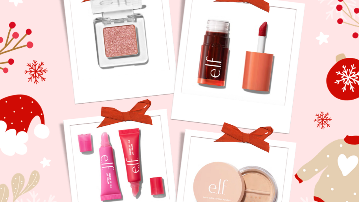 Holiday-themed collage of e.l.f. makeup products with festive decorations.