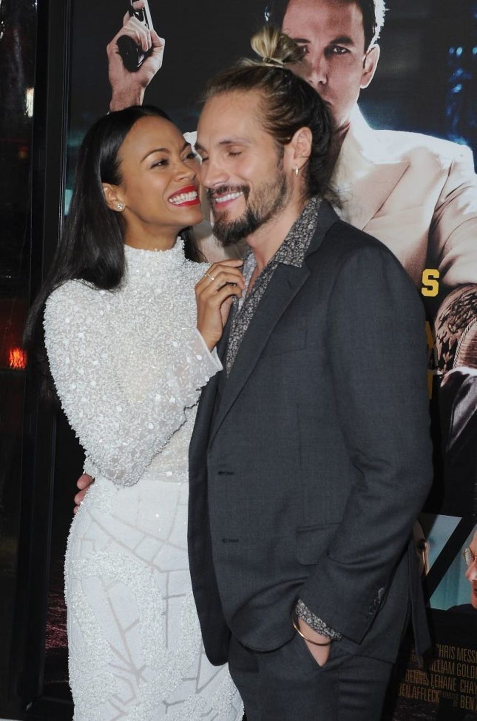 HOLLYWOOD, CA - JANUARY 09: Actress Zoe Saldana and Marco Perego arrive at the Premiere of "Live By Night" at TCL Chinese Theatre on January 9, 2017 in Hollywood, California. (Photo by Jon Kopaloff/FilmMagic)