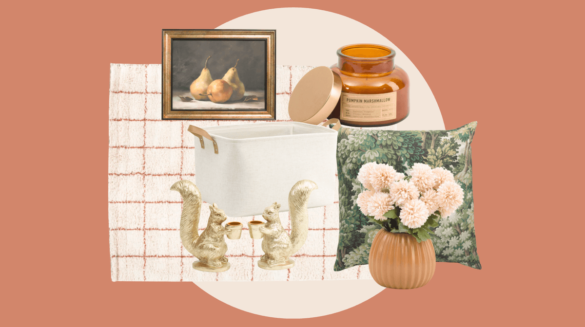 Home decor collage: pears painting, candle, squirrel figurines, pillow, flowers, container, rug.