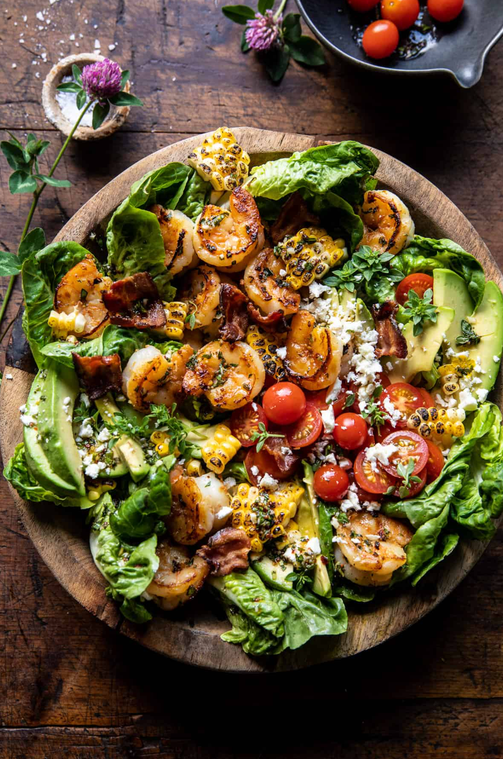Honey Garlic Shrimp, Corn and Avocado Bacon Salad