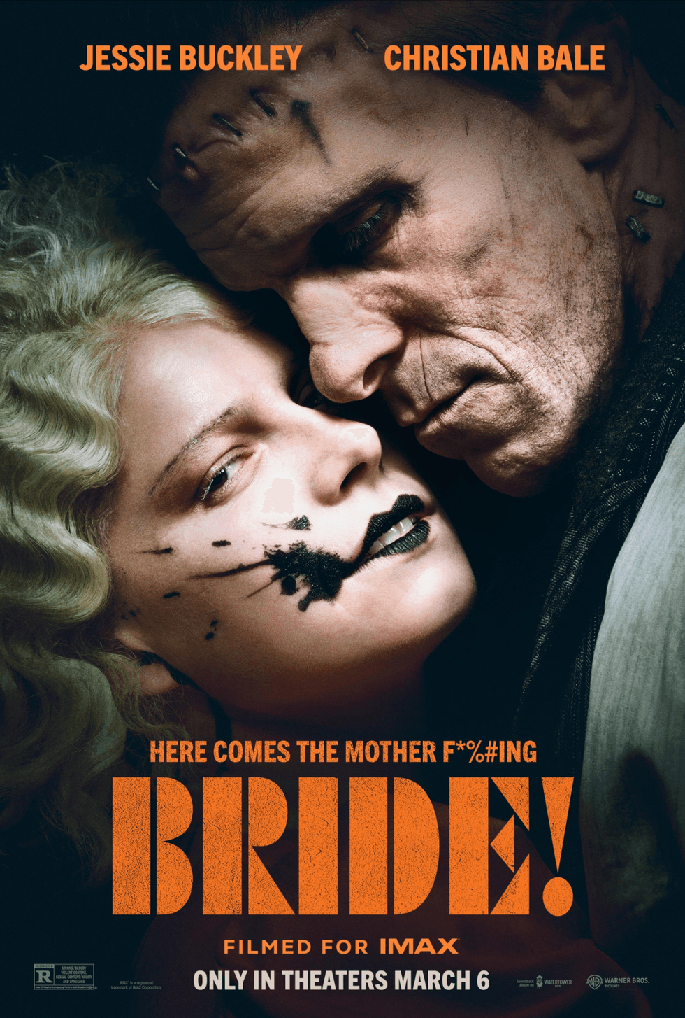 Horror movie poster: couple with scars and makeup, "Bride!" text in bold orange.