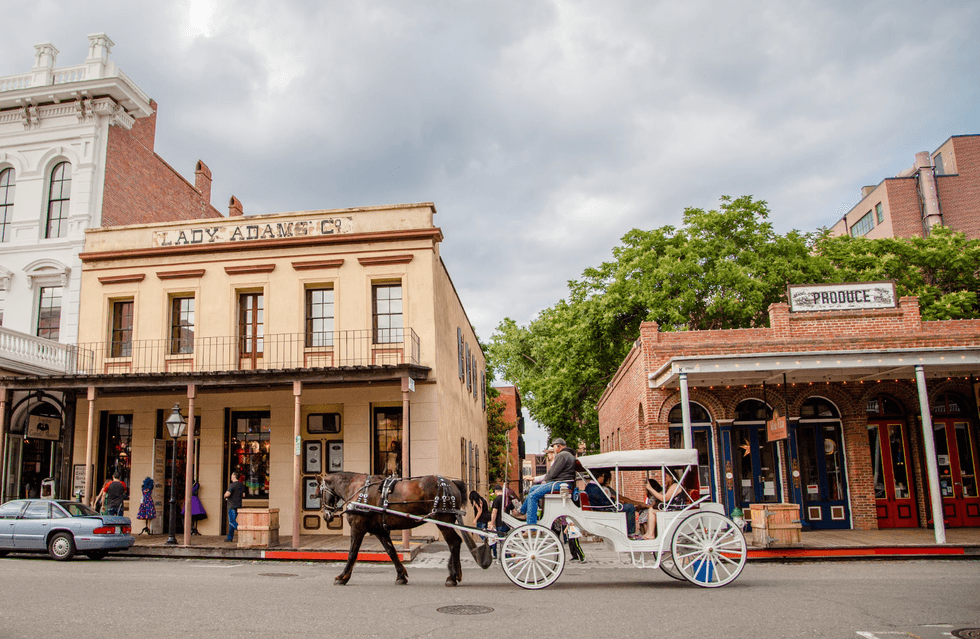 Horse-drawn carriage passes historic buildings on a cloudy day.