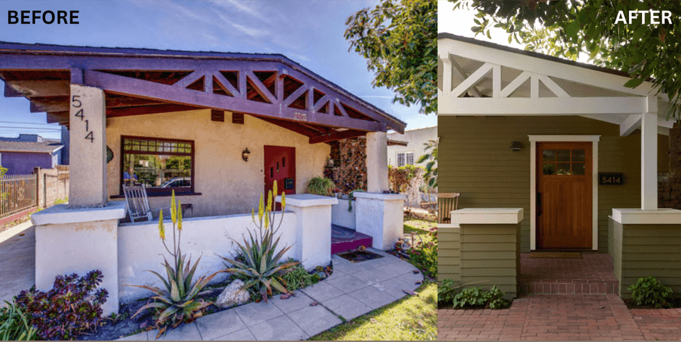 House renovation before and after: tan to green siding, updated entryway.