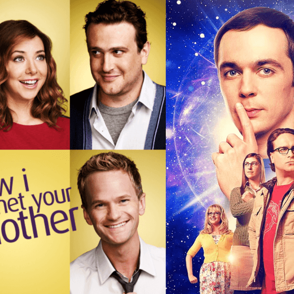 "How I Met Your Mother" and "The Big Bang Theory" cast promotional images side by side.