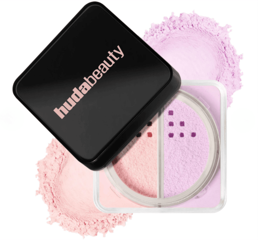 Huda Beauty powder duo in pink and lavender with black lid.