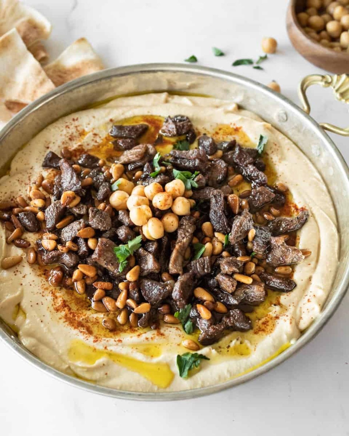 Hummus with Spiced Meat and Pine Nuts
