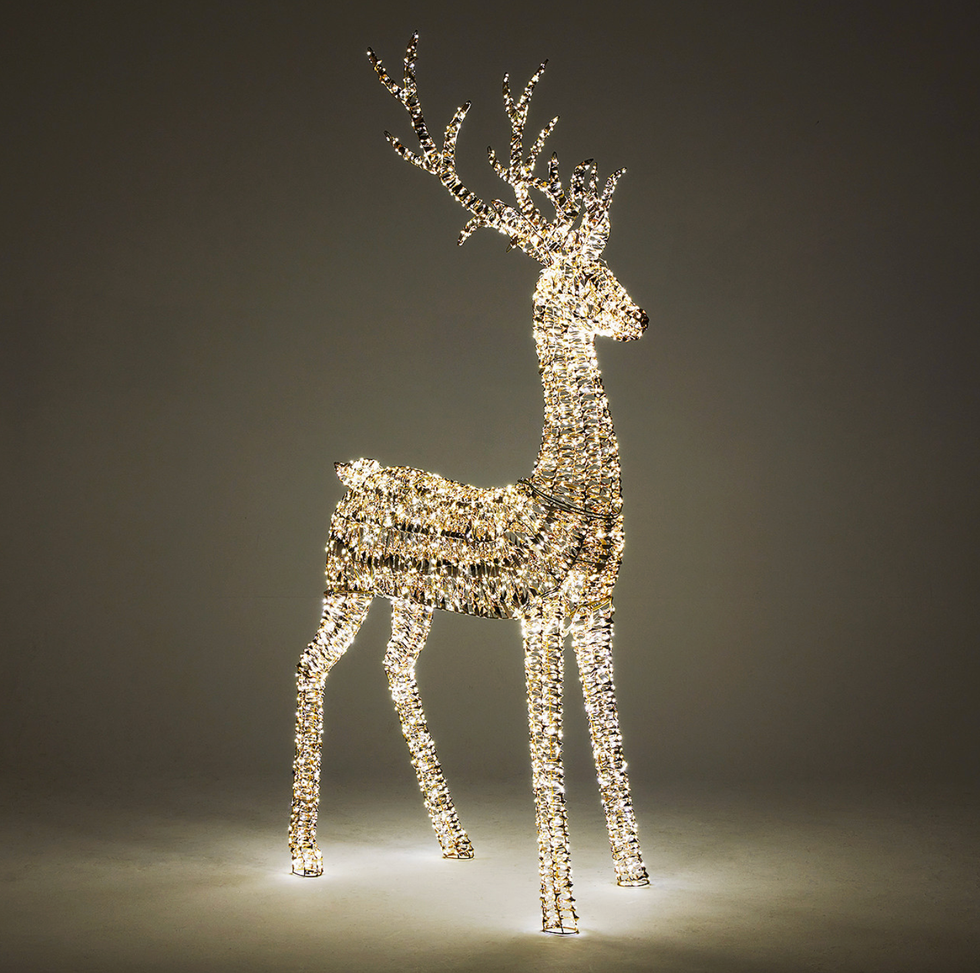 Illuminated reindeer sculpture made of small glowing lights against a dark background.