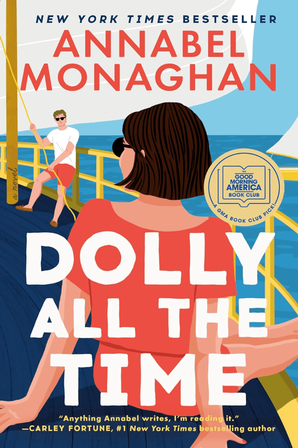Illustrated book cover featuring two people on a boat, "Dolly All the Time" by Annabel Monaghan.
