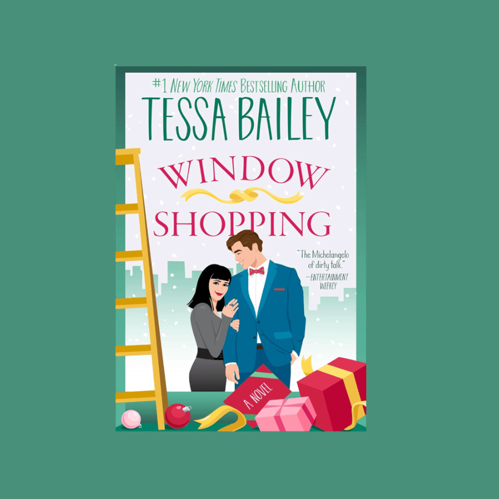 Illustrated book cover: "Window Shopping" by Tessa Bailey, with gifts and a couple.