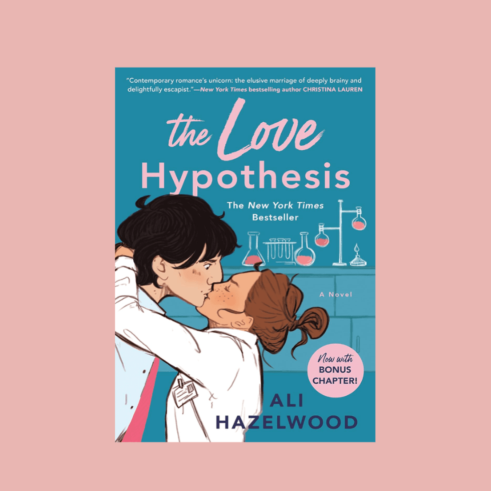 Illustrated cover of "The Love Hypothesis" by Ali Hazelwood, featuring a kissing couple.