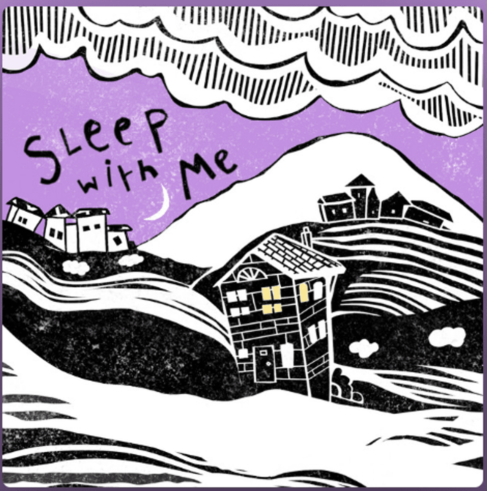 Illustrated landscape with houses, "Sleep with Me" text, and a purple sky.