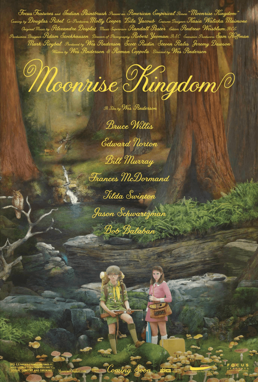 Illustrated "Moonrise Kingdom" poster with two kids in a forest, surrounded by text.