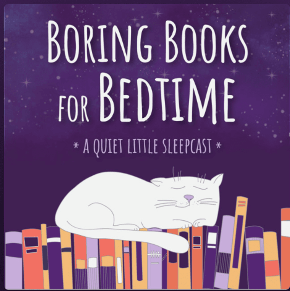 "Illustration of a sleeping cat on books with 'Boring Books for Bedtime' text."