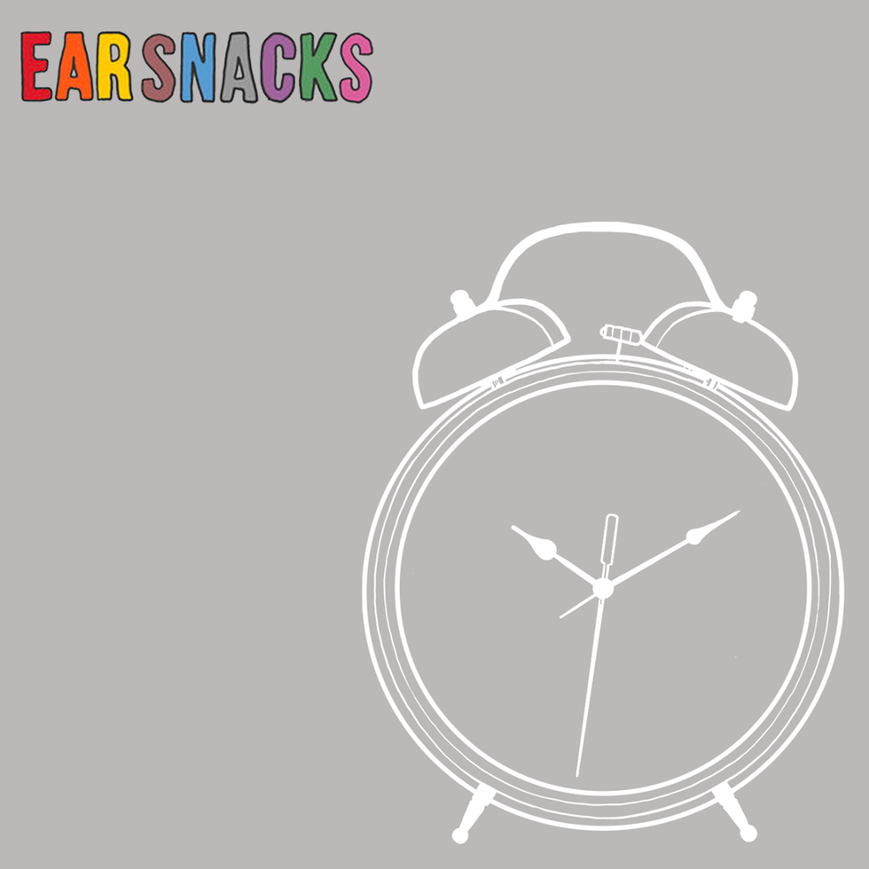 Illustration of a white alarm clock on a gray background with "Earsnacks" in colorful letters.