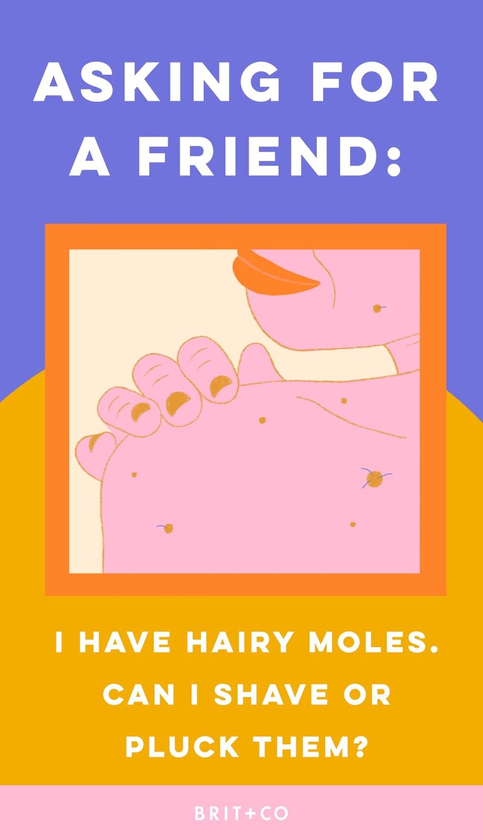 Illustration of girl looking over her shoulder at hairy moles. 