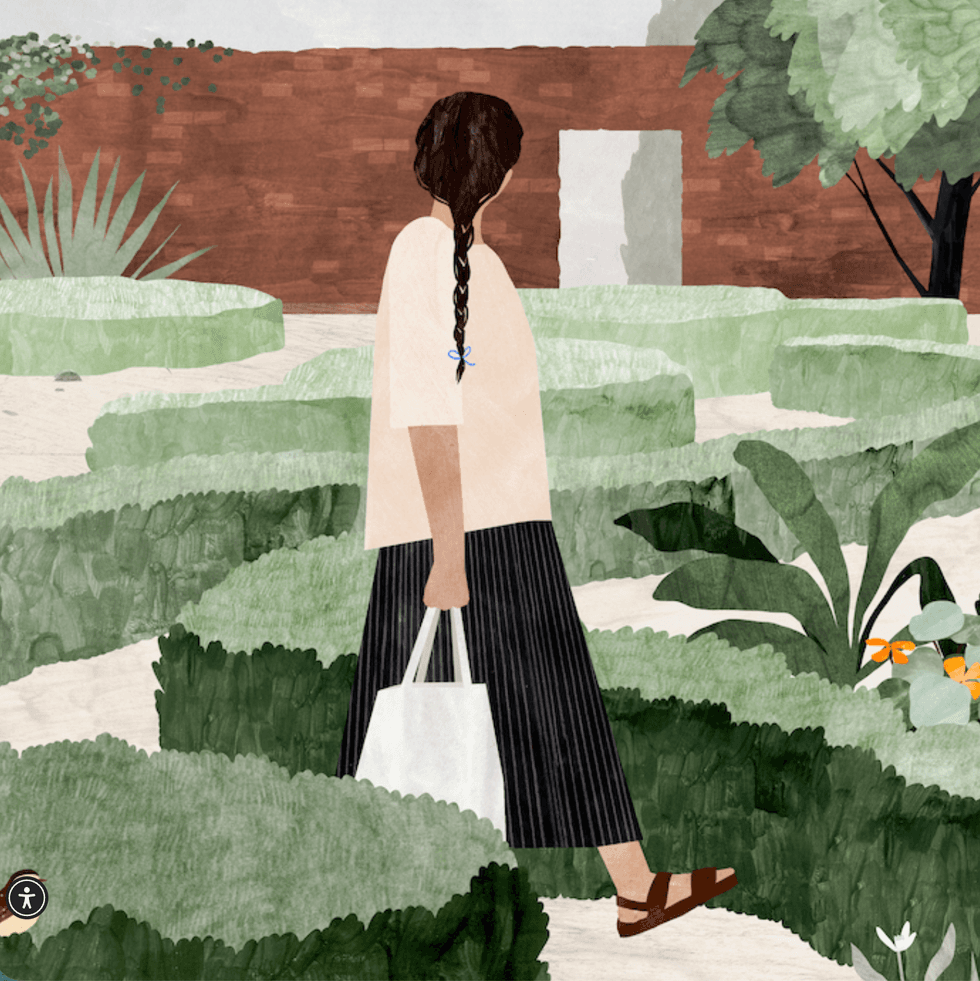 Illustration of woman with braid, holding bag, walking in a lush garden with a brick wall.