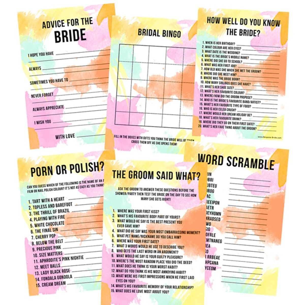 6 Printable Bachelorette Party + Bridal Shower Games