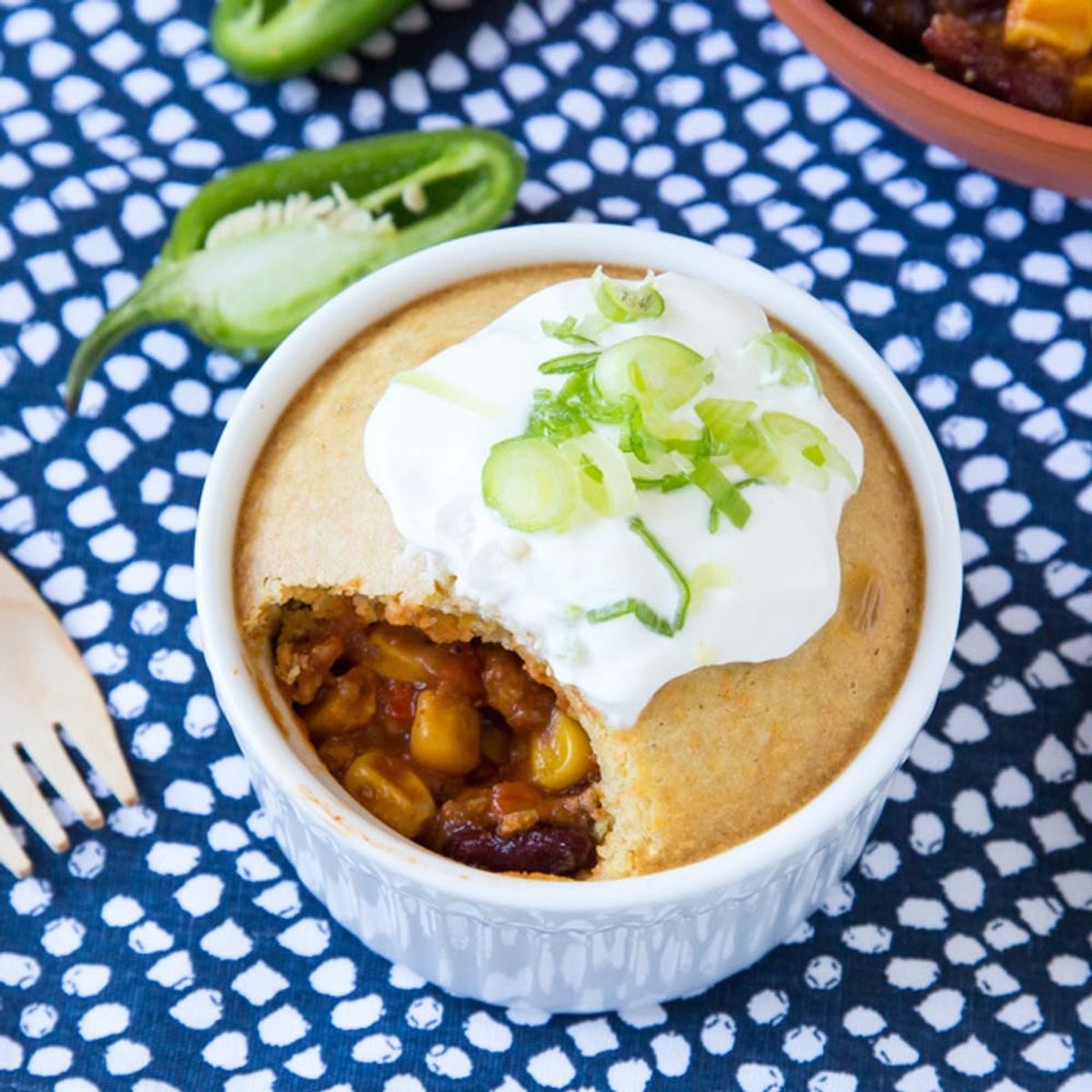 Warm Up With Turkey Chili Pot Pies With Cornbread Crust!
