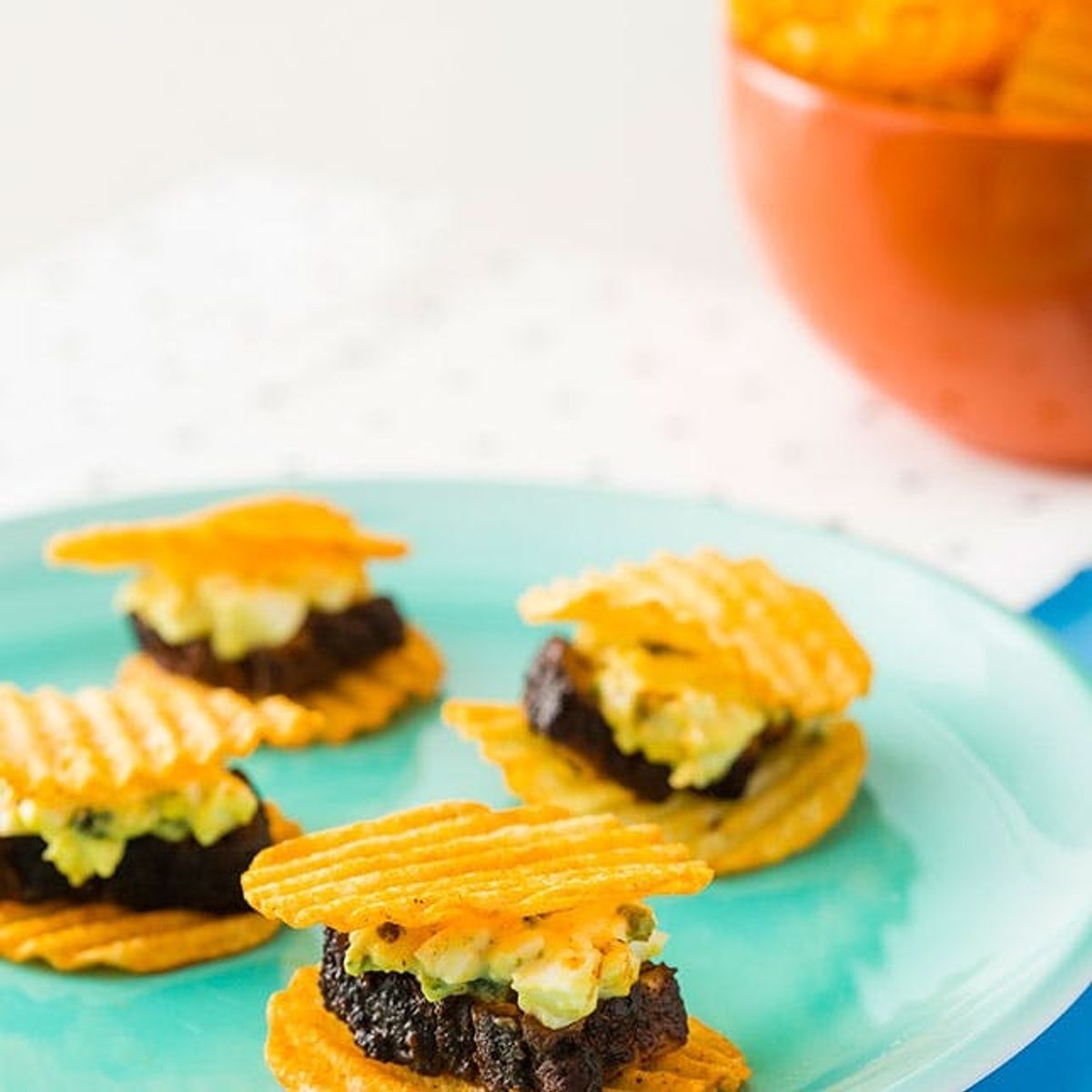 BBQ Pork Belly “Sliders” With Jalapeno Cheddar Deviled Egg Salad