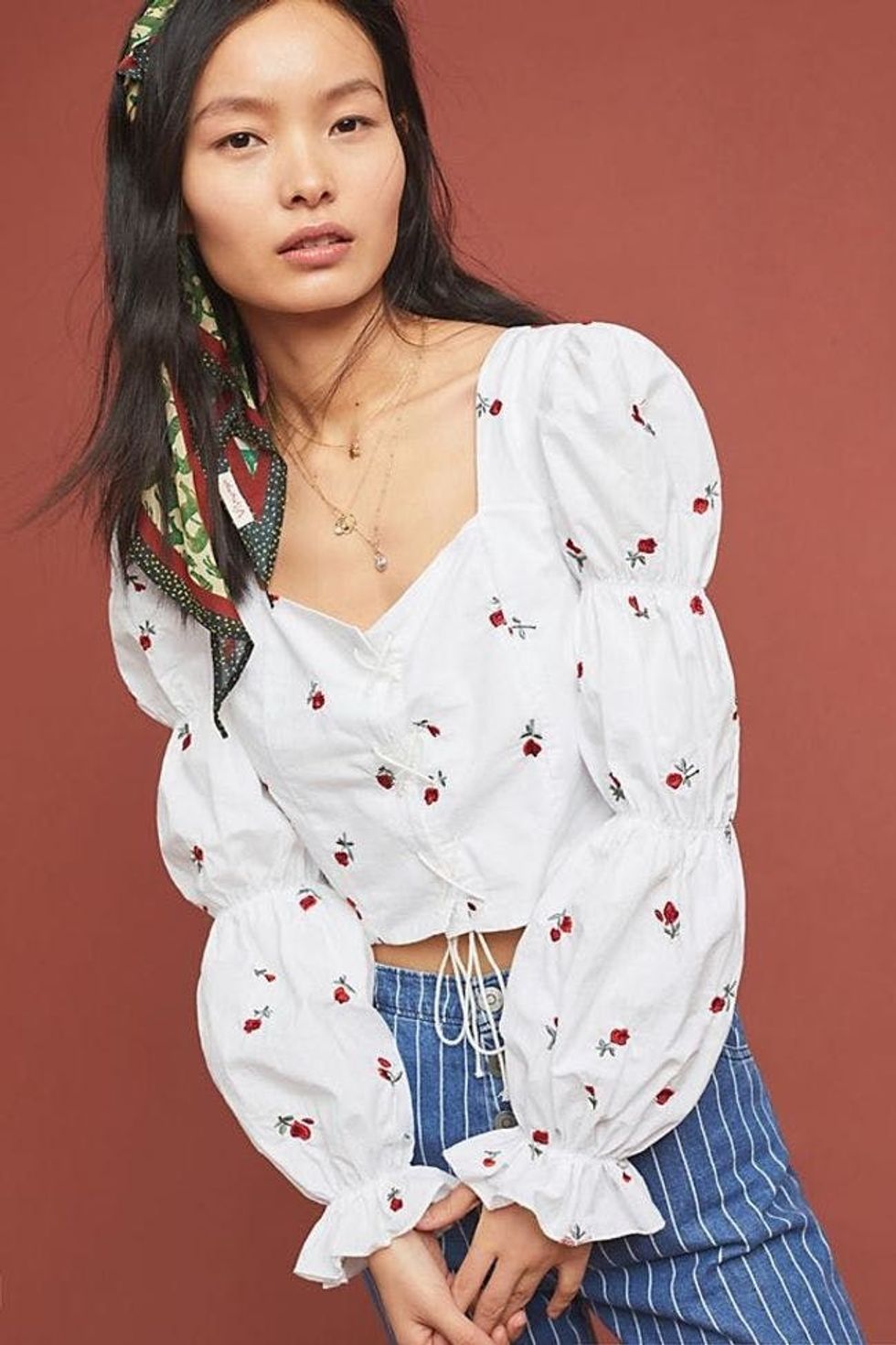 Floral Pattern Bubble Sleeve Top main image 0