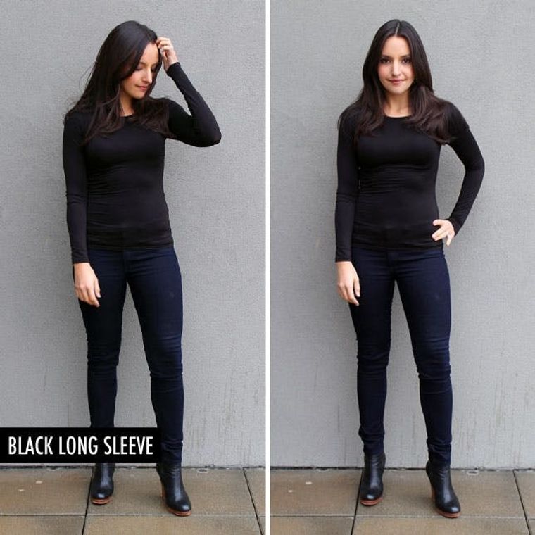 Grey Long Sleeve T-shirt with Black Leggings Outfits (7 ideas