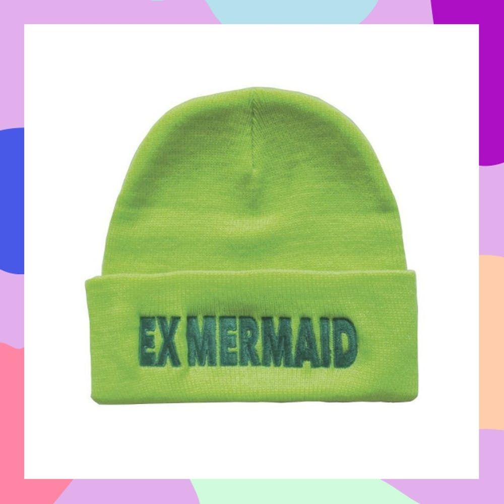 This green "Ex-Mermaid" beanie highlights our mermaid gift ideas