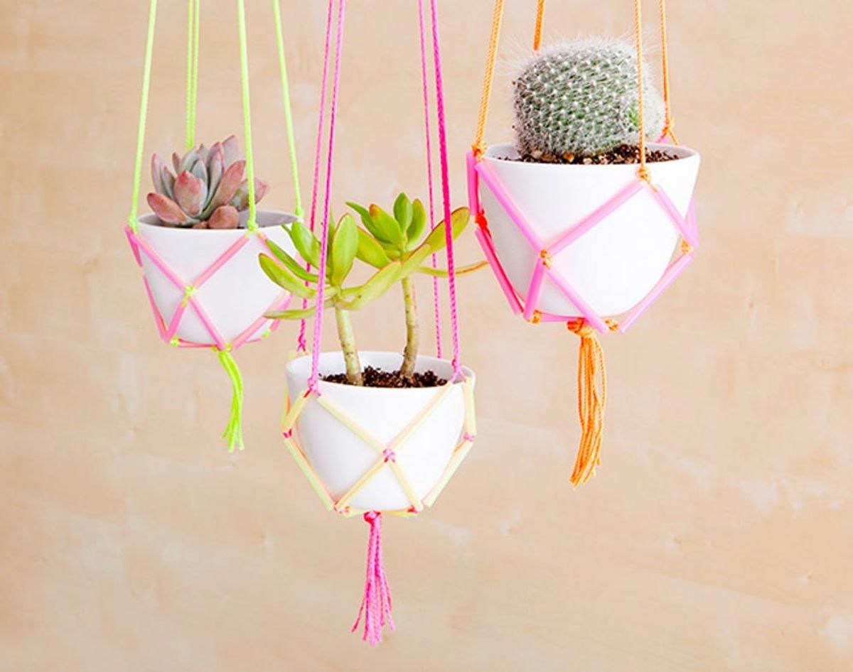 How to Use Neon Straws and String to Make Easy DIY Hanging Planters