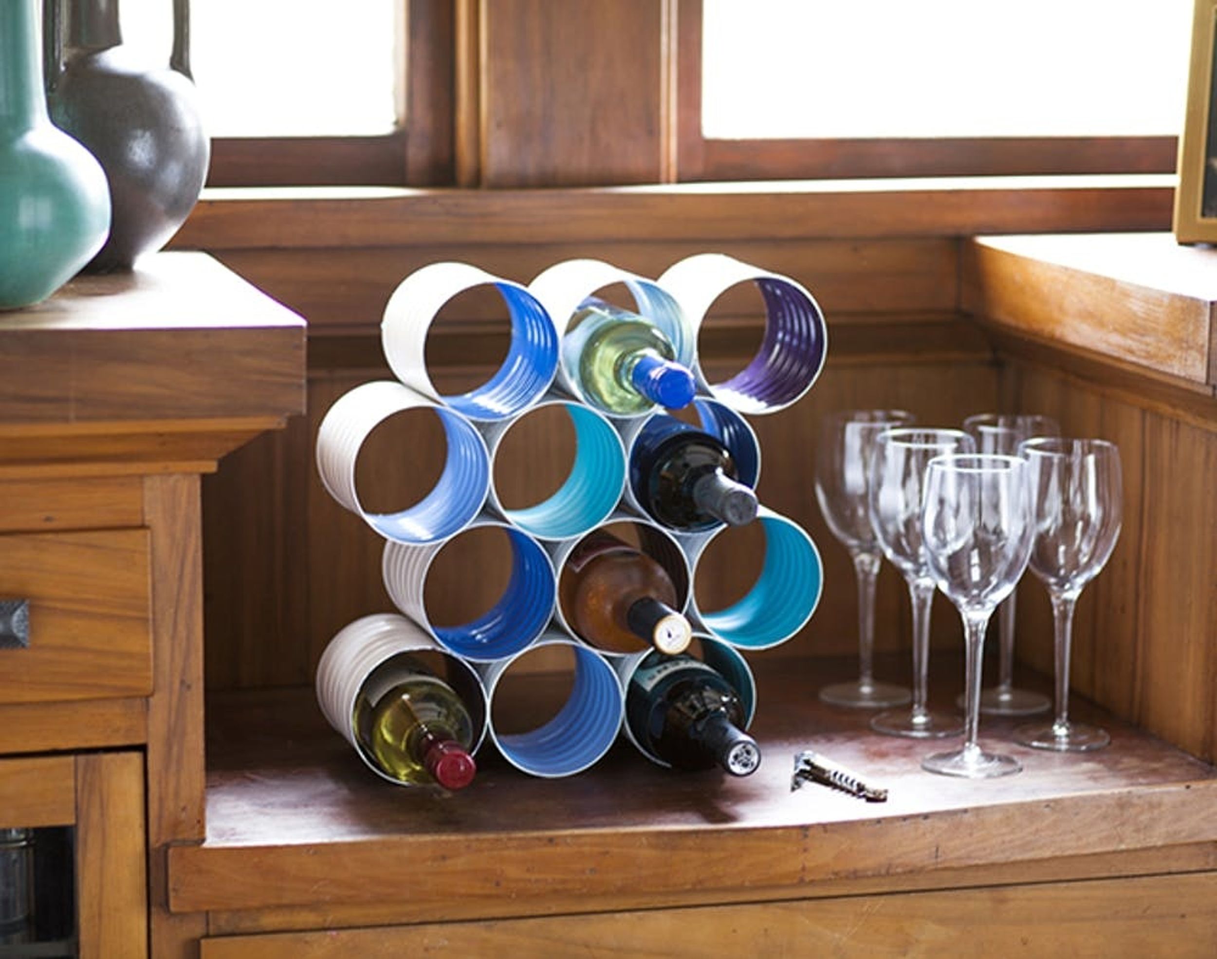 DIY Color Block Wine Rack Made From Coffee Cans