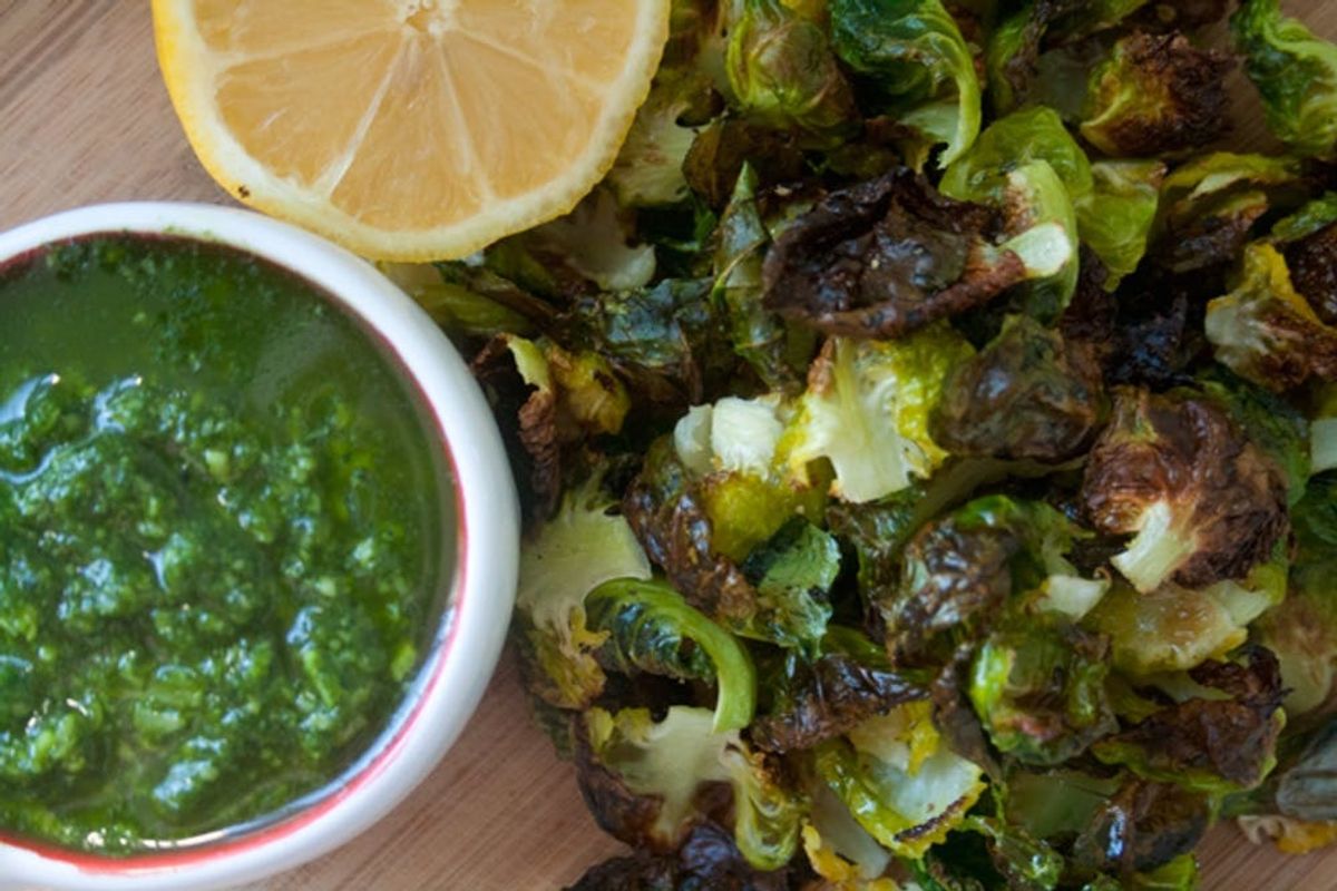 Green Machine: Brussels Sprout Chips with Arugula Pesto Dip