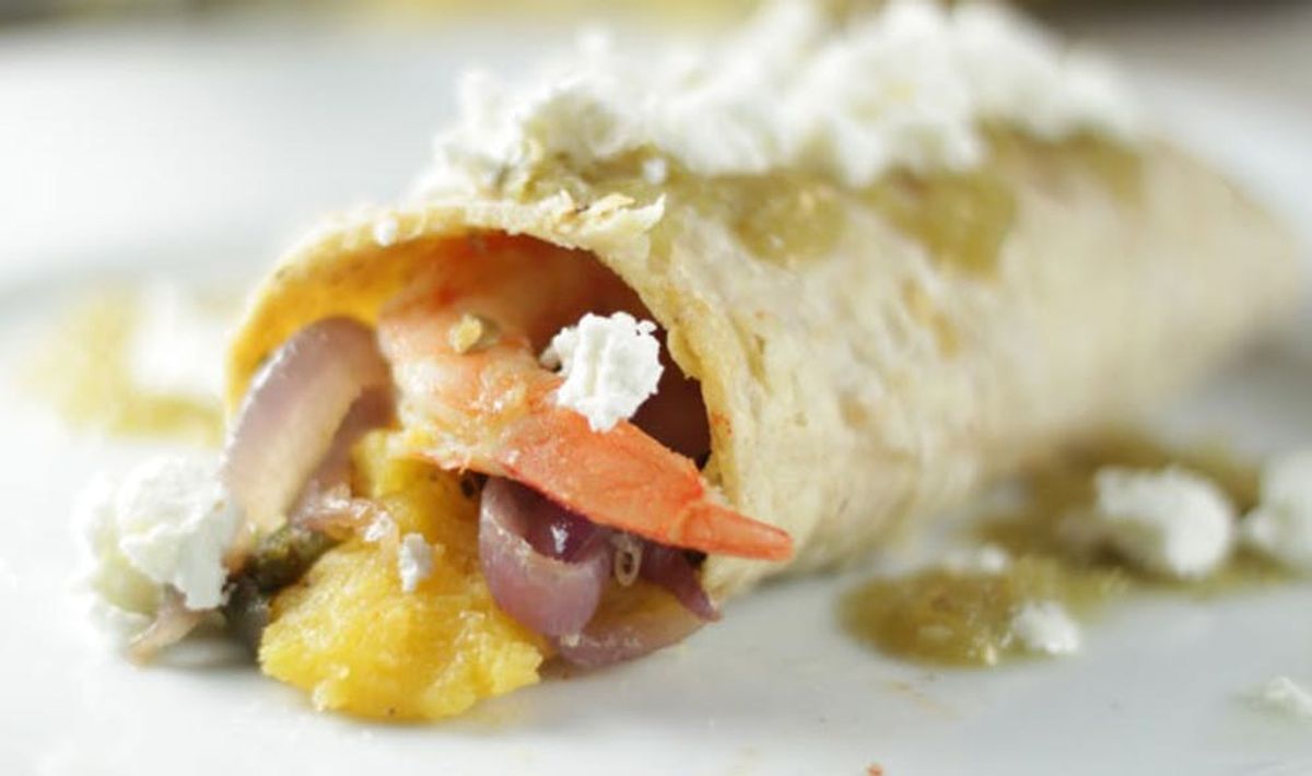 Autumn Enchiladas: Acorn Squash, Savory Shrimp & Poblano Peppers