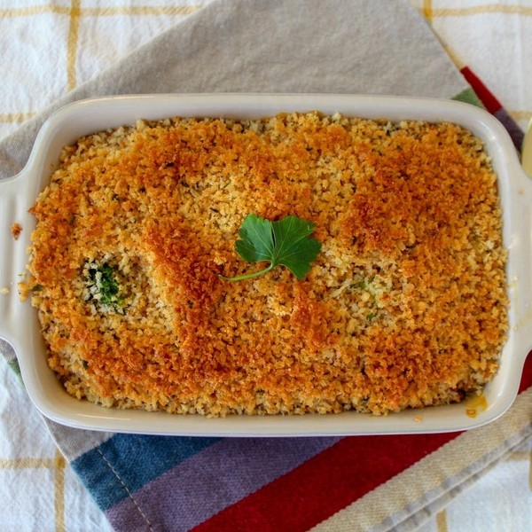 a casserole with a crispy, golden brown breadcrumb topping