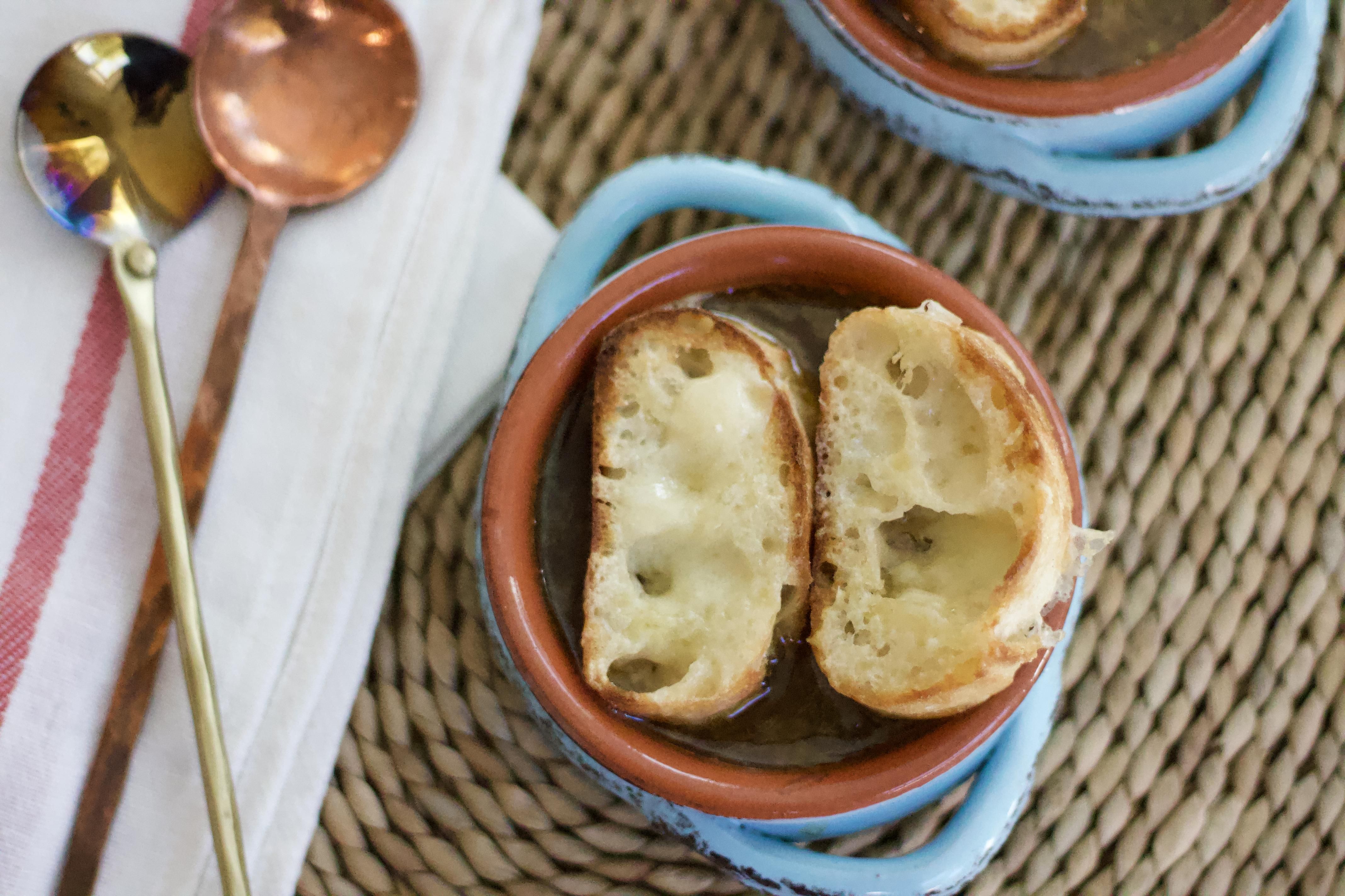 Overhead shot of Slow Cooker French Onion Soup