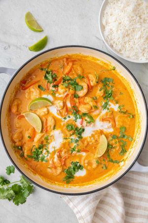 this shrimp curry recipe from feel good foodie has red curry spices, lime, and shrimp